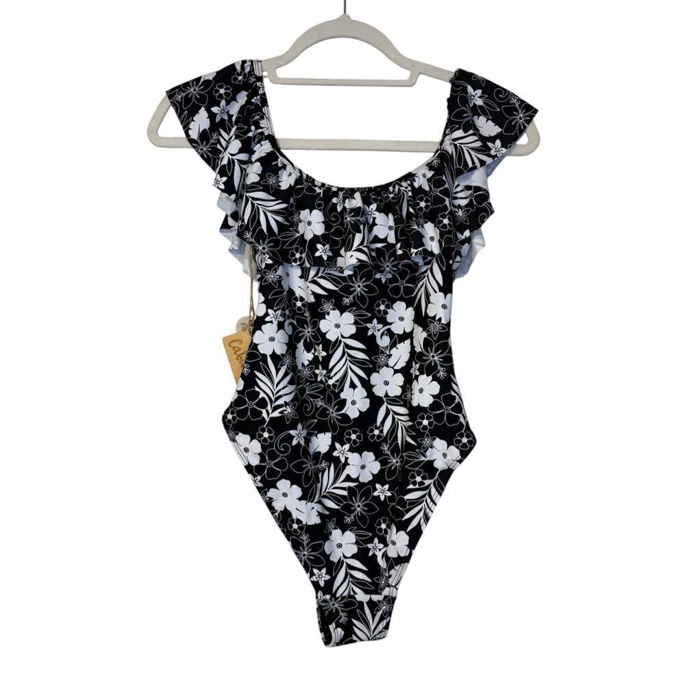 NWT Cabana del Sol Black/White One Piece Swim Suit Sz. S Off the Shoulder Ruffle